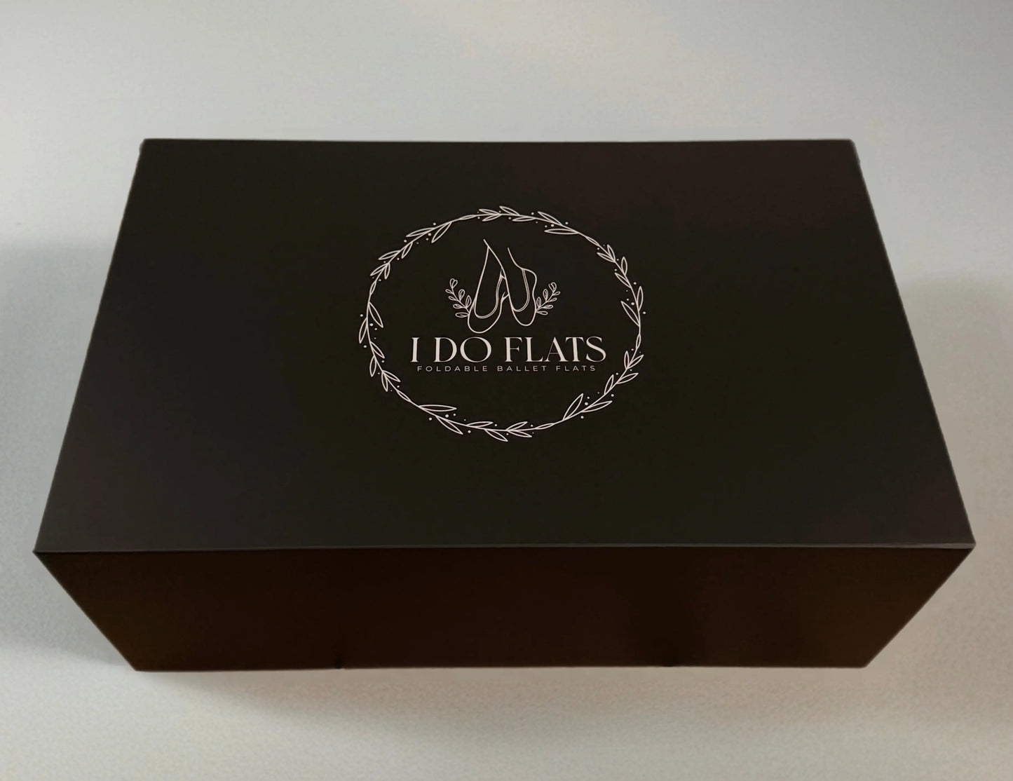 I Do Flats luxury black gift box containing foldable wedding flats